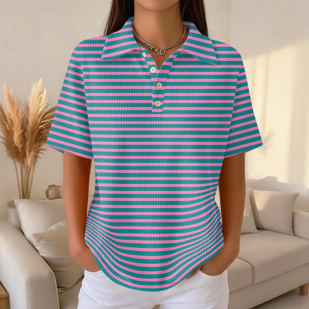 Women's Casual Short Sleeve Polo Shirt Waffle Texture Button Down Collar Top with Horizontal Stripes Pattern Suitable for Daily Wear