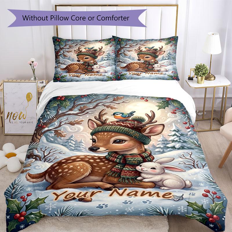 3PC Custom Name Winter Wonderland Scene Bedding Set Duvet Cover Closure Includes 1 Duvet Cover & 2 Pillowcases for Bedroom