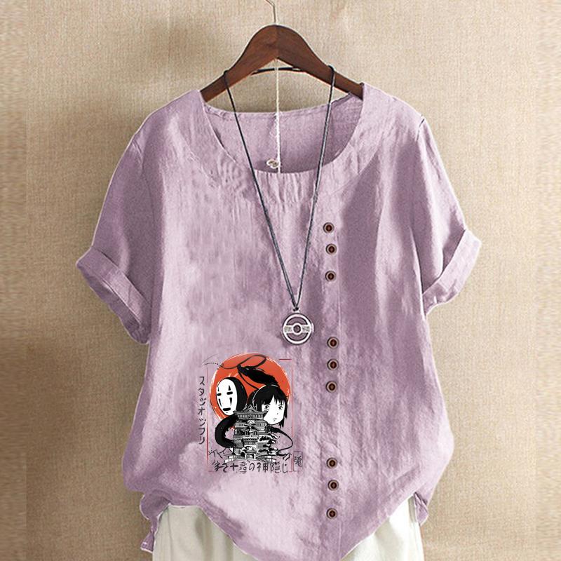 Damenmode Cartoon-Figuren Bedrucktes Kurzarm-T-Shirt Lockeres Baumwollhemd Lässige Lockere Sommerbluse Tops