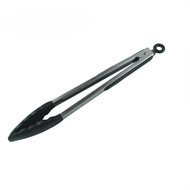 1 Pc Black Silicone Food Tongs, Stainless Steel Food Tongs Outdoor BBQ Clamps for Camping Kitchen Tongs for Baking Steak