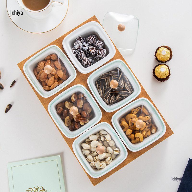 Vassoio per Snack in Bambù Stile Nordico con Coperchio in Vetro e Piatto in Ceramica