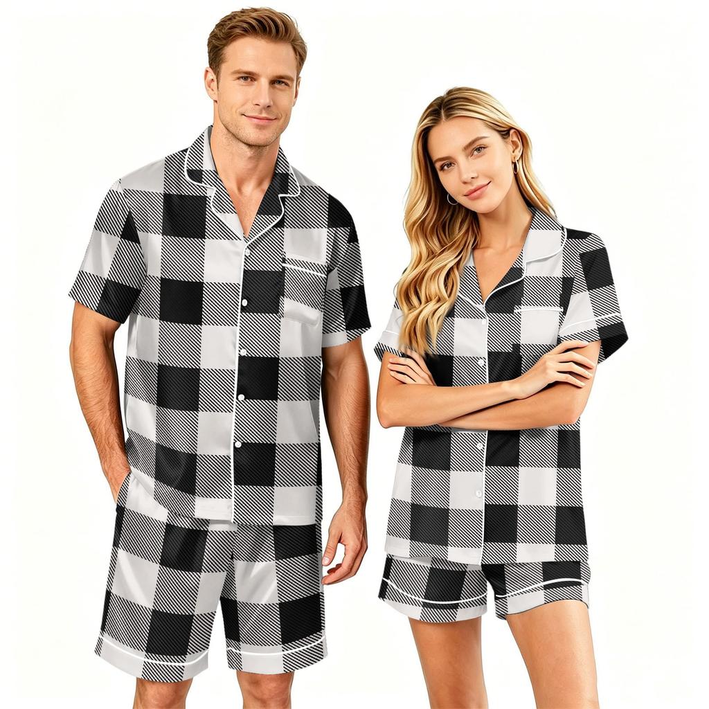 Couple Pajama Set Short Sleeve Button Down Shirt and Shorts Sleepwear Soft Casual Lounge Wear S-XXXXL