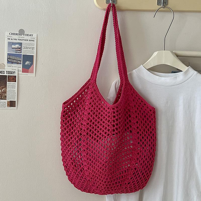Summer Casual Large Capacity Woven Shoulder Bag For Women Girls Knitted Hollow Out Beach Straw Bag Handmade Crochet Tote Bag