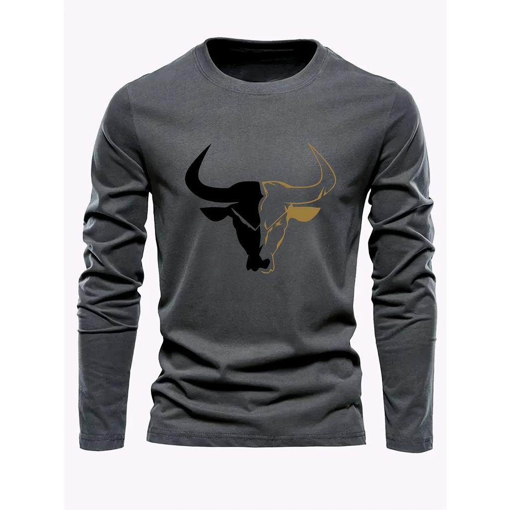 Spring and Autumn Round Neck 3D Bull Head Graphic Printed Top Fashionable Casual Long Sleeved Men's T-shirts