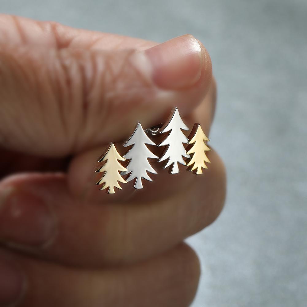 Asymmetric Two-Tone Christmas Tree Stud Earrings Gold and Silver Pine Tree Design Women Holiday Party Earrings for Winter Gift