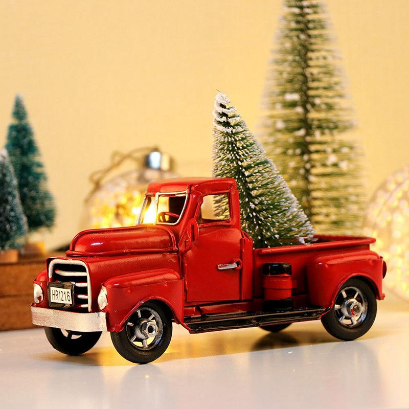 Metal Red Old Truck Christmas Ornament Kids Gifts Car Toy Xmas Table Top Decor