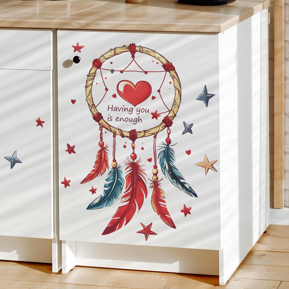 Bohemian Dreamcatcher with Colorful Feathers and Stars Wall Stickers, Whimsical Wall Art for Bedroom, Living Room and Hallway Home Decor