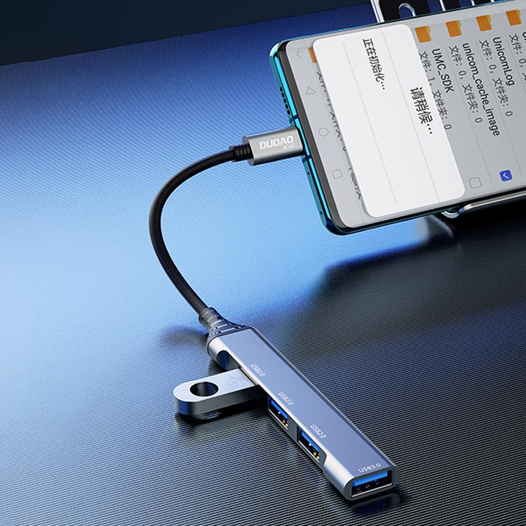 Dudao 6.3cm USB-C Hub (4-in-1) with 4x USB-A Ports (3x USB2.0 / 1x USB3.0) - Black (Model A16T)