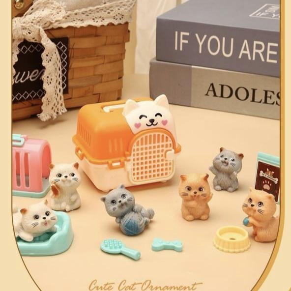 Mini-Tierkatze-Hund-Figur Spielset, Rollenspiel-Tierpflege-Spielzeugset mit Käfig-Futterzubehör für Kinder