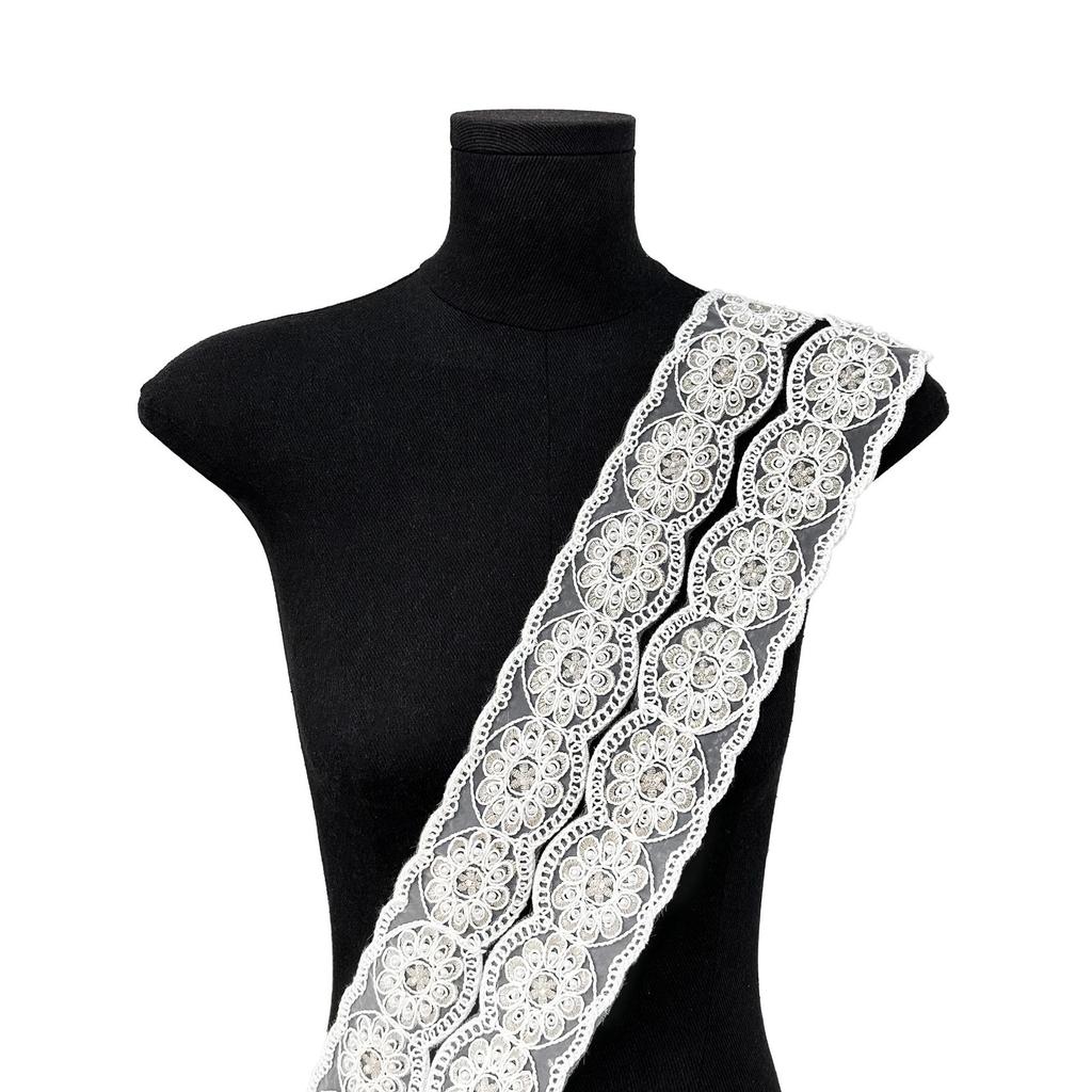 5.5Cm White Handmade Beads Ethnic Style Strand Line Barcode Clothing Cuffs Neckline Belt Decorative Lace