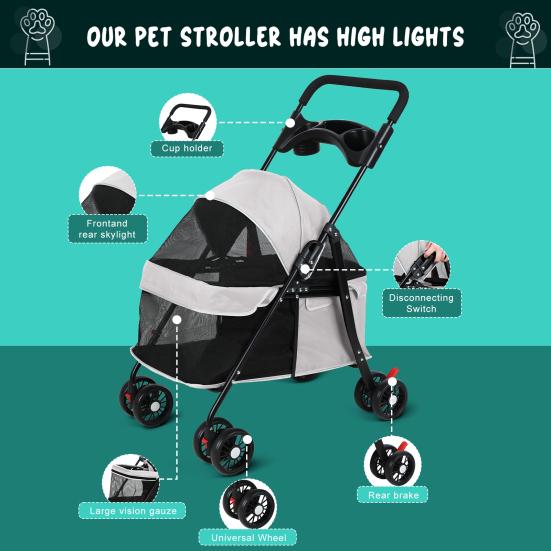 4 Wheels Pet Stroller, Folding Dog Cat Stroller with Cup Holder, Breathable Mesh for Small Pets