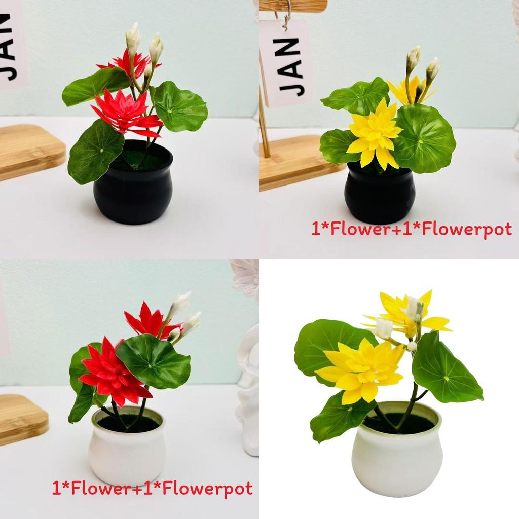 Faux Green Lotus Potted Plant With Durable Plastic And Silk Fabric For Indoor Garden