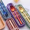 Stainless Steel Chopsticks, Spoon & Fork Set - Cute Square Handle, Single Person Three-Piece Cutlery for Students and Children