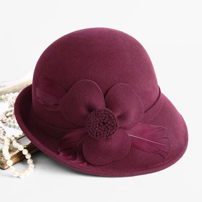 Chapéu de feltro feminino estilo Hepburn 100% lã australiana, chapéu cloche de flores para festa, chapéu formal de feltro, chapéu de igreja retrô da moda