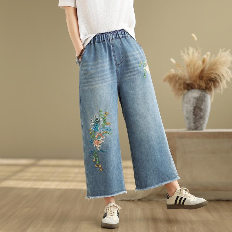 Artistic Retro Heavy Industry Embroidered Denim Wide Leg Pants Spring Summer Women's Loose Waist Casual Nine Fen Jeans