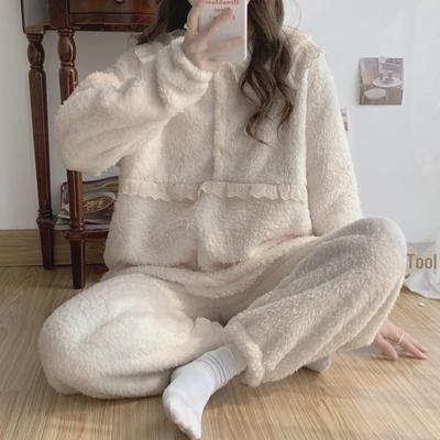 Pyjama d'hiver en peluche pour femmes - Ensemble cardigan mignon et douillet style petite fragrance pour étudiantes