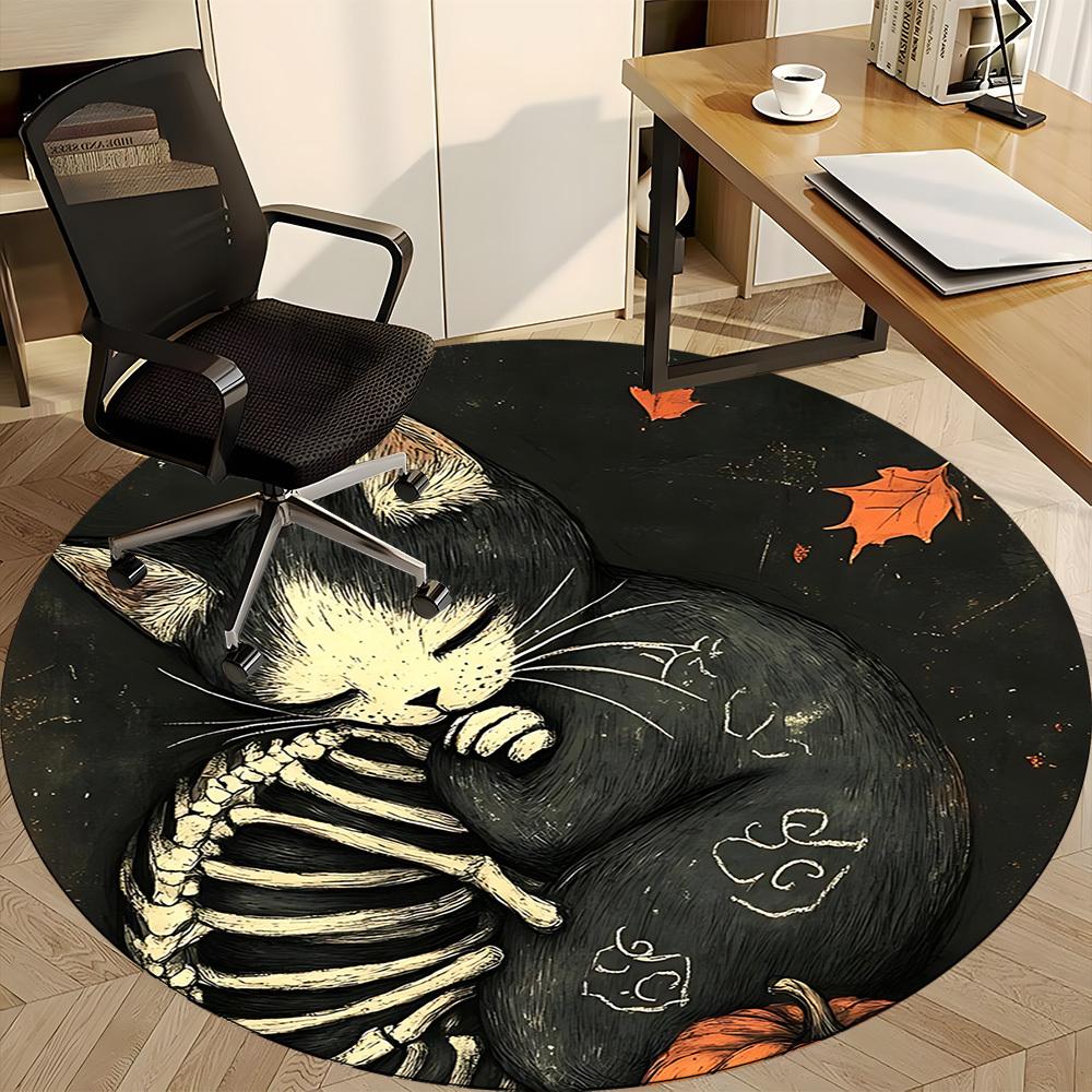 1pc Cat Skeleton Office Round Area Rug, Under Office Chairs Bedroom Living Room Home Decor, Room Deco, Available in Various Sizes