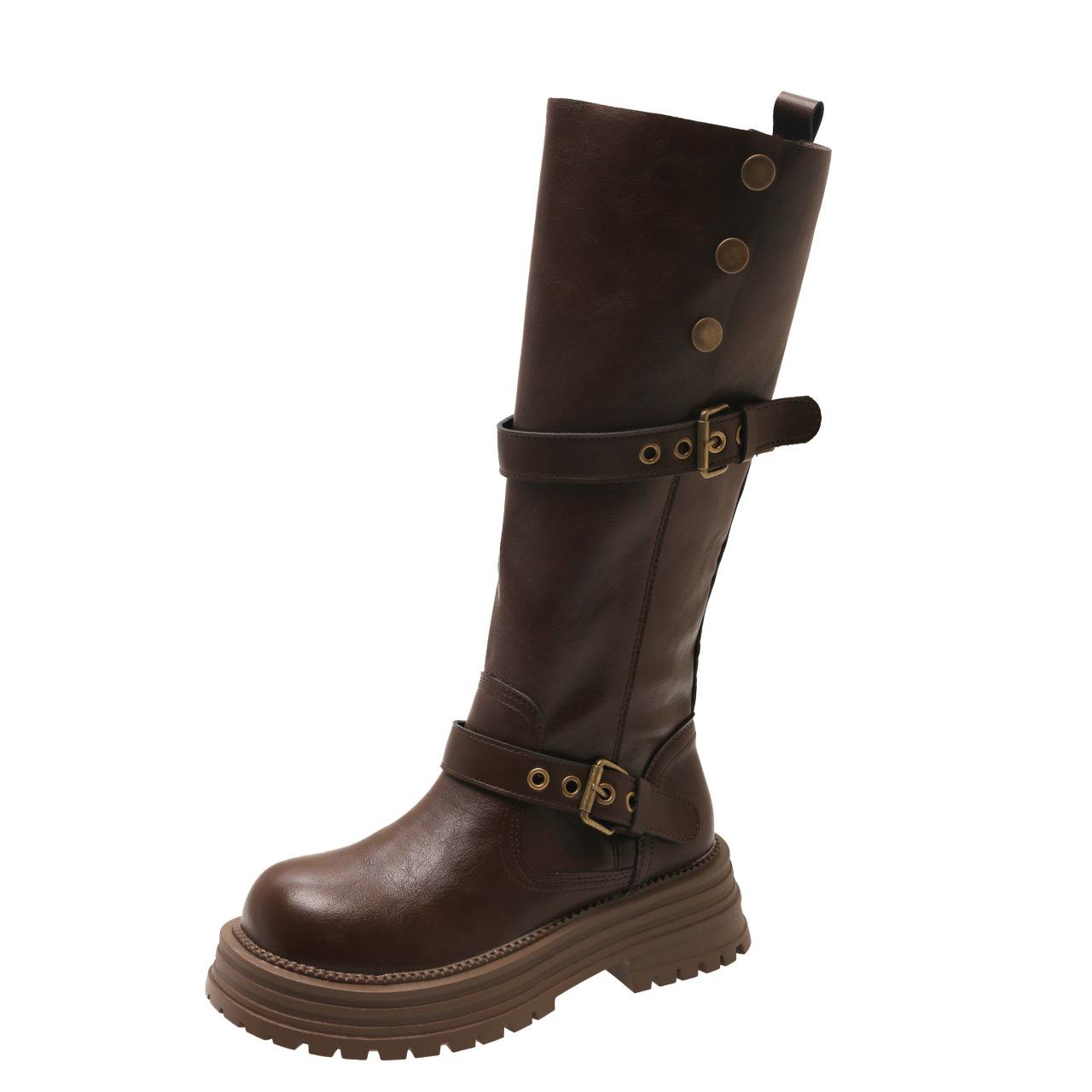 

Коричневые сапоги на платформе и толстом каблуке в ретро-британском стиле для женщин, новинка весны и осени 2025 года, но рыцарские сапоги высотой до колена 40