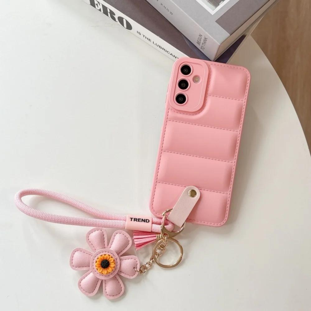 Ins Sunflower Down Jacket Lanyard Case for Samsung Galaxy S25 S24 Ultra S23 S22 Plus A55 A56 A16 A54 A35 A15 Wrist Strap Cover