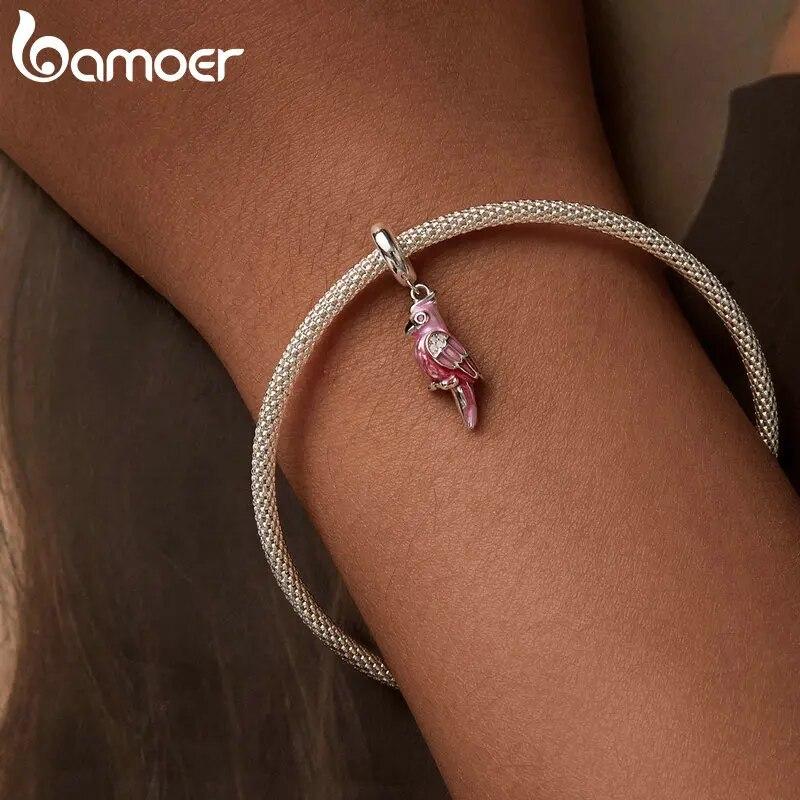 Bamoer 925 Sterling Silver Pink Parrot Pendant Charms Cute Bird Beads for Women Original Bracelet and Necklace DIY Accessories