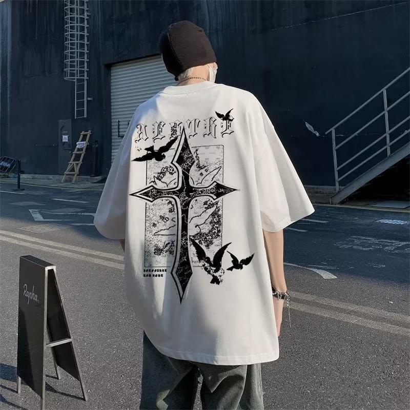 M-8XL Tshirt Summer Men Oversize Loose American Retro Cross Print Short Sleeve Round Neck Versatile Trend Couple Outfit