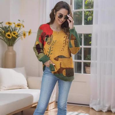 Women's Oversized Animal Pattern Sweater - Casual Loose Knit Pullover with Long Sleeves for Autumn/Winter.