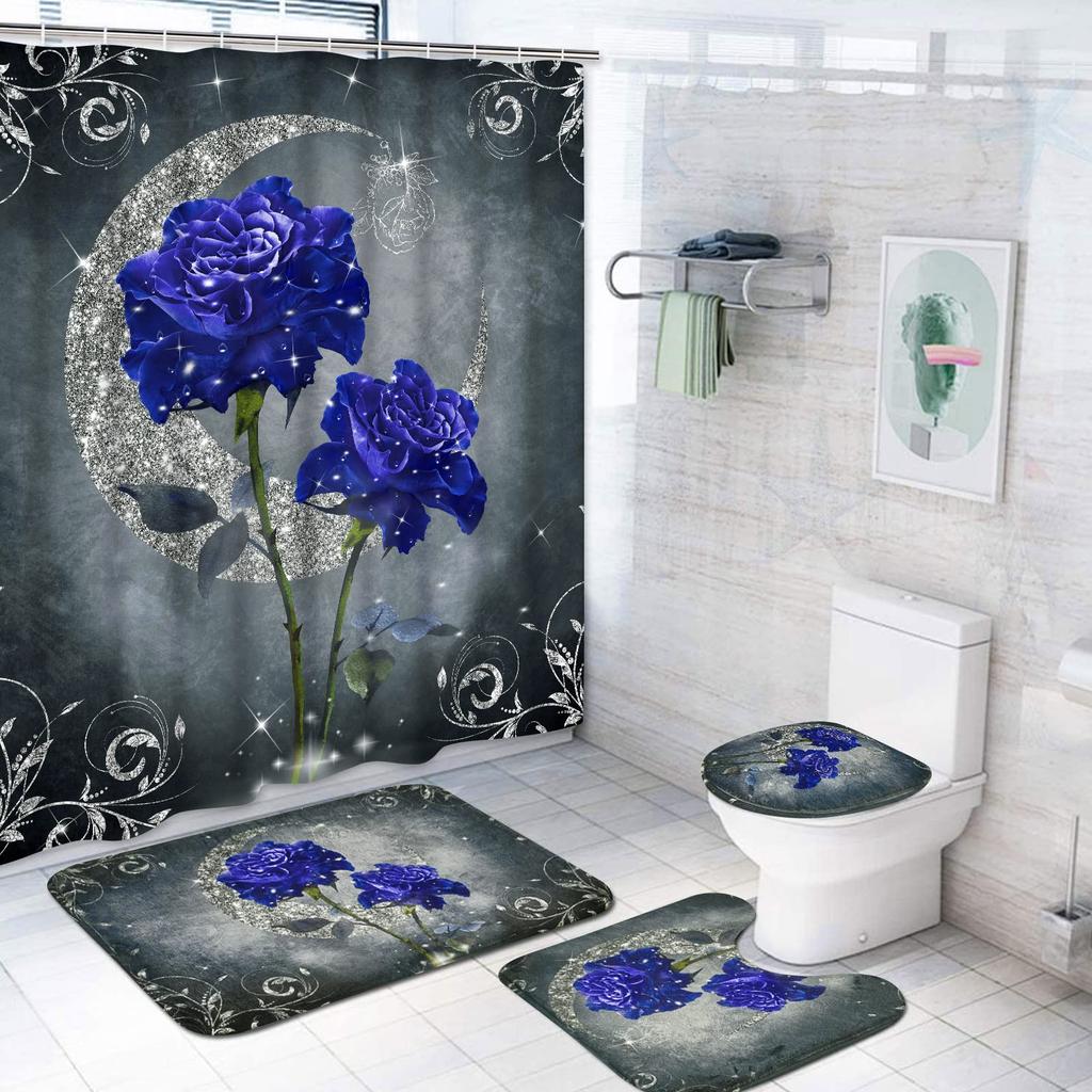 Valentines Shower Curtain Set Romantic Red Rose Flowers And Wine Shower Curtain Set With Non-Slip Rug Toilet Lid Cover Bath Mat