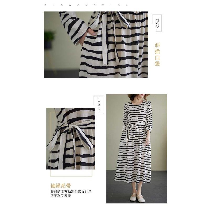 Vintage Literary Style Striped Printed Round Neck Long Sleeve Tie Dress