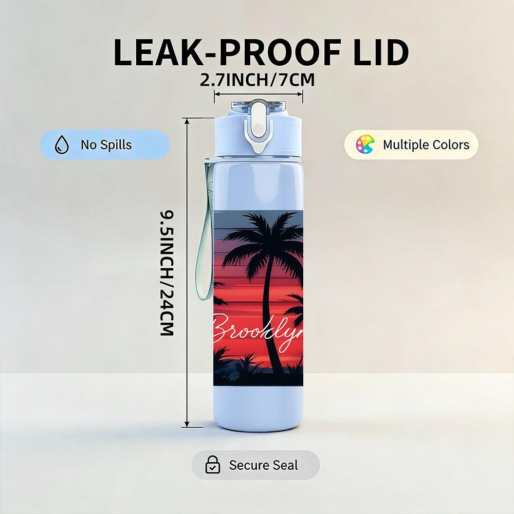 1PC Sunset Palm Tree Tropical Print 750ml Color Plastic Sports Water Bottle Leakproof Flip Straw Lid Suitable for Sports Office Home Use
