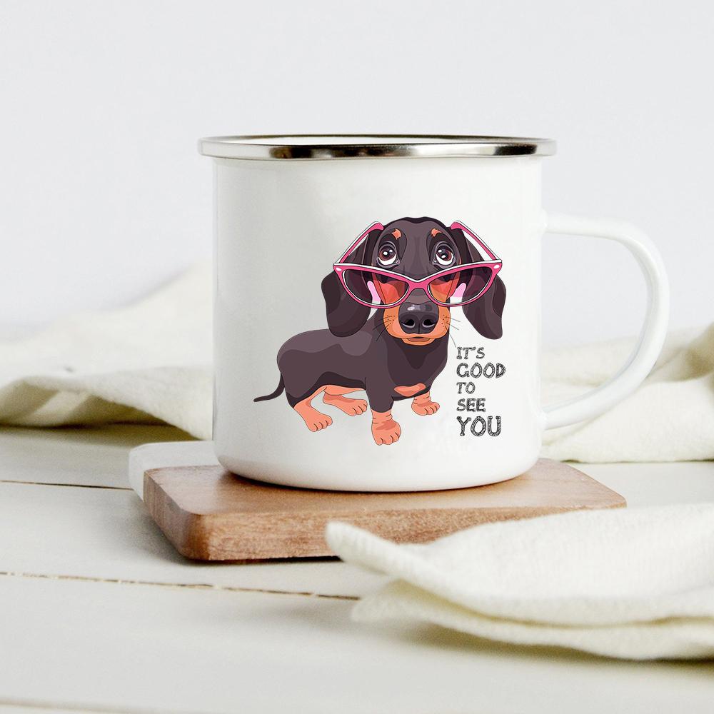 Funny Dachshund Print Creative Enamel Mug Coffee Wine Mugs Cartoon Dogs Paw Party Drink Beer Juice Milk Cups Gifts for Lover Dog