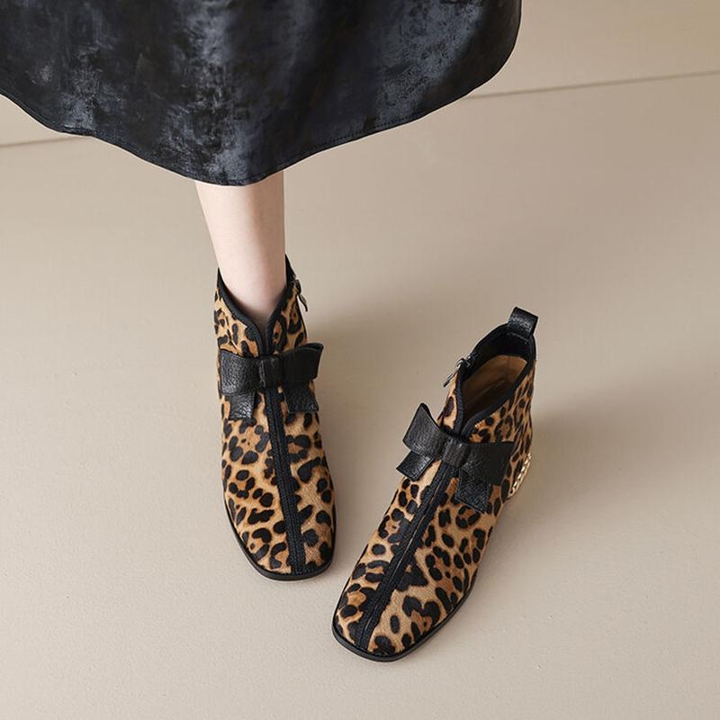 Fashion NEW Autumn/Winter Women Boots Square Toe Chunky Heel Shoes Horsehair Shoes Women Zip Ankle Boots Bow-knot Leopard Modern Boots