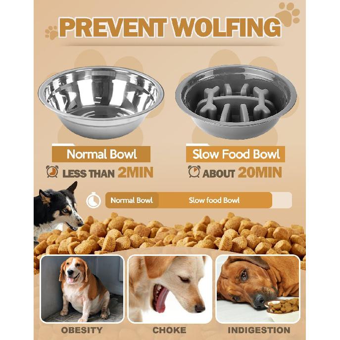 Elevated Dog Bowls, Dog Feeder with 2 Stainless Steel Dishes &1 Slow Feeder Bowl, 5 Heights Adjustable Raised Stand for Medium Large, Food Dishes