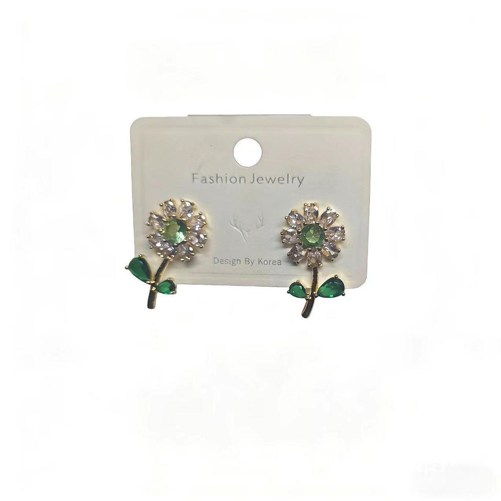2025 High-End Crystal Flower Green Leaf Zircon Stud Earrings - Trendy & Delicate for Women
