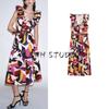 Fall Women's Clothing Ruched Decoration with Belt V Neck Vacation Style Print Poplin Midi Skirt Dress 5029172