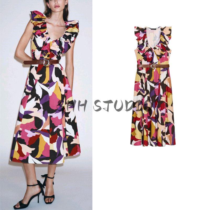 Fall Women's Clothing Ruched Decoration with Belt V Neck Vacation Style Print Poplin Midi Skirt Dress 5029172