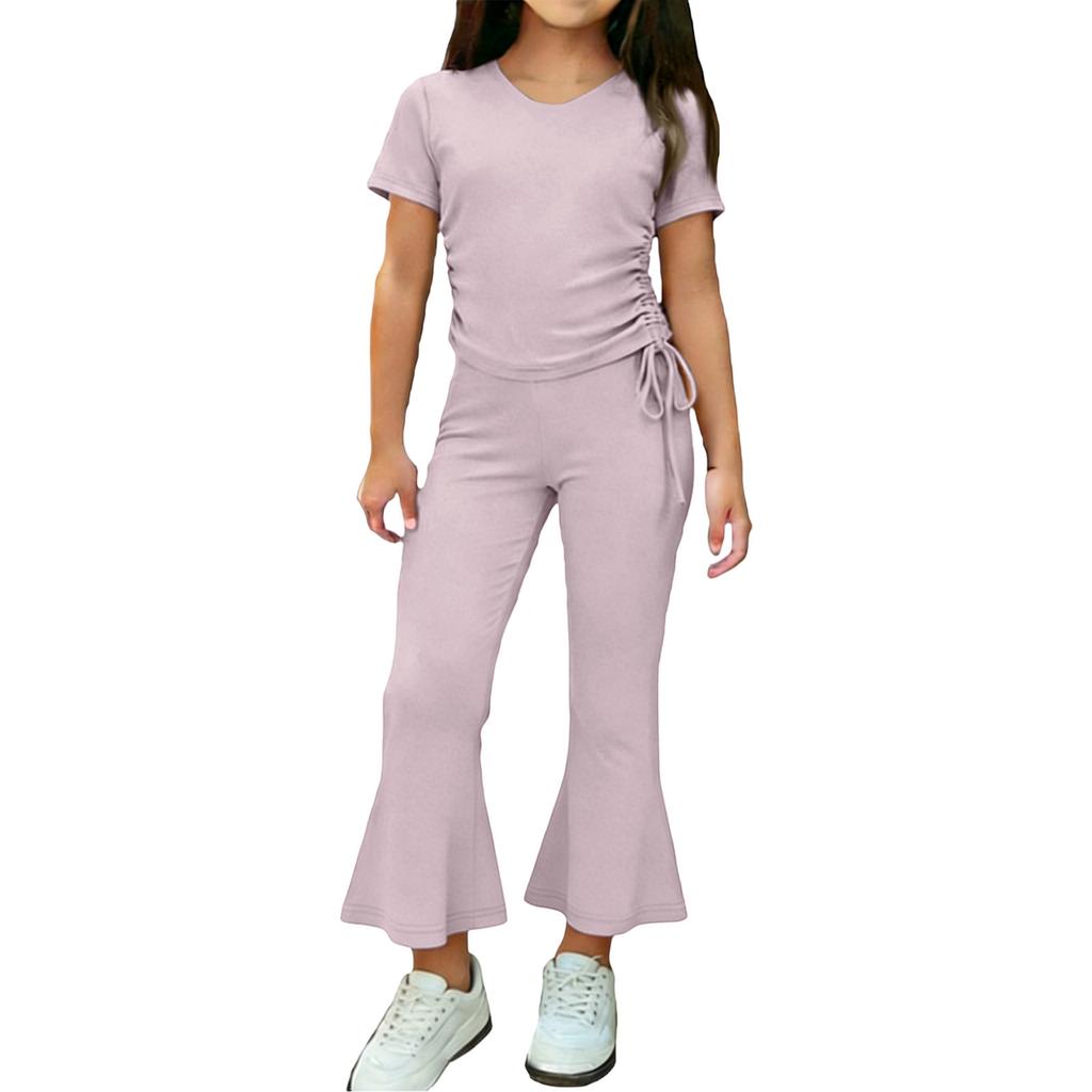 Girls Two Piece Outfit Short Sleeve Drawstring Top with Side Ruching and Flared Capri Pants Set Casual Wear for Kids