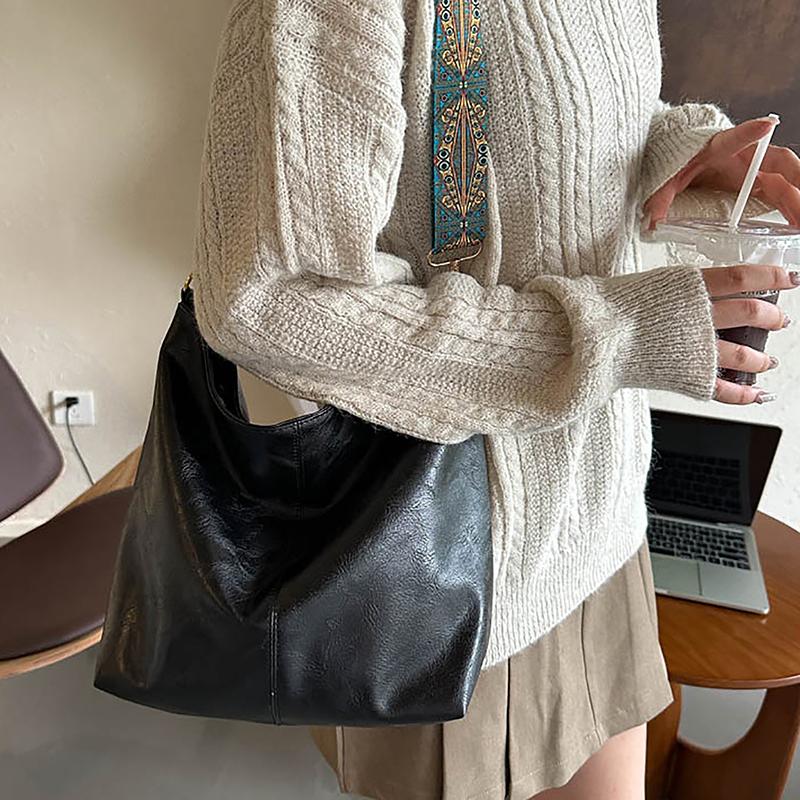 Vintage Solid Color Women  Shoulder Sling Bag High-Capacity Simple Wide Strap Bucket Crossbody Bag