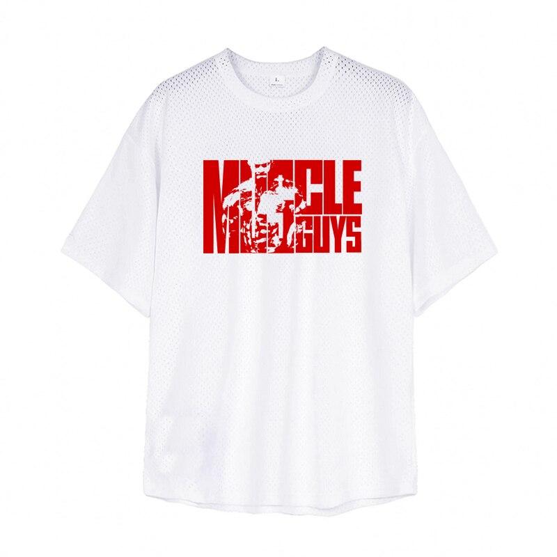 

Молодежная спортивная одежда Muscleguys, летняя дышащая удобная мужская тонкая футболка с короткими рукавами и принтом для фитнеса, бодибилдинга, быстросохнущие топы XL белый