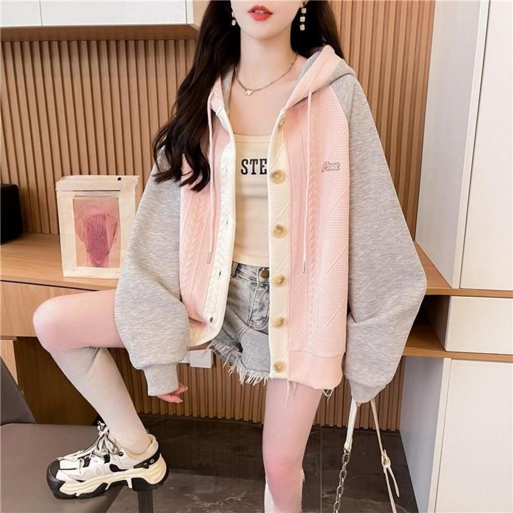 Giacca con Cappuccio Color Block per Donna Taglie Forti, Nuova Sottile per Primavera e Autunno, Felpa Patchwork a Bottoni Singoli Media e Lunga per Donna