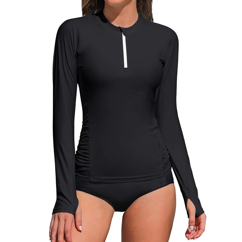 

Charmleaks Женские купальники Rash Guard с длинным рукавом UV UPF 50+ Молния Плавки Быстросохнущие Солнцезащитные Рубашки S чёрный