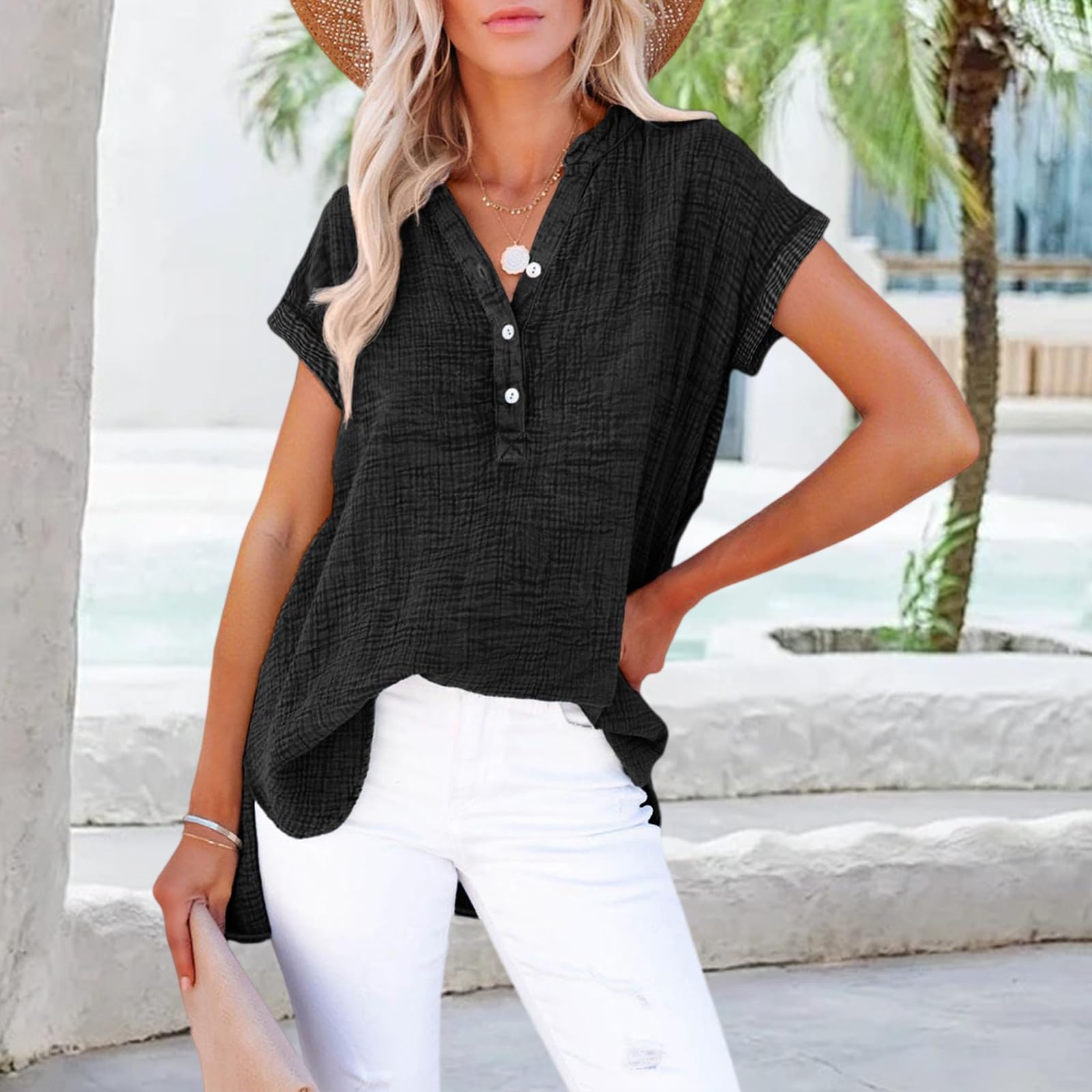

Women s Fashionable Casual V-Neck Button-Down Short-Sleeved T-Shirt M