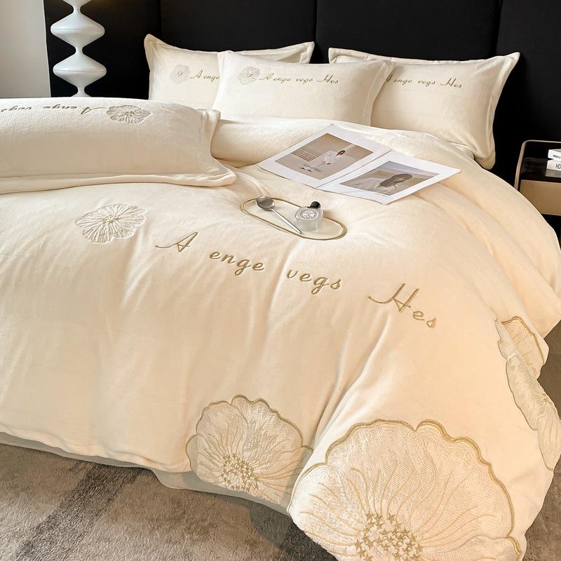 Four-piece Set of Embroidered Thickened Thermal Fleece Quilt Cover Sheets and Bedding