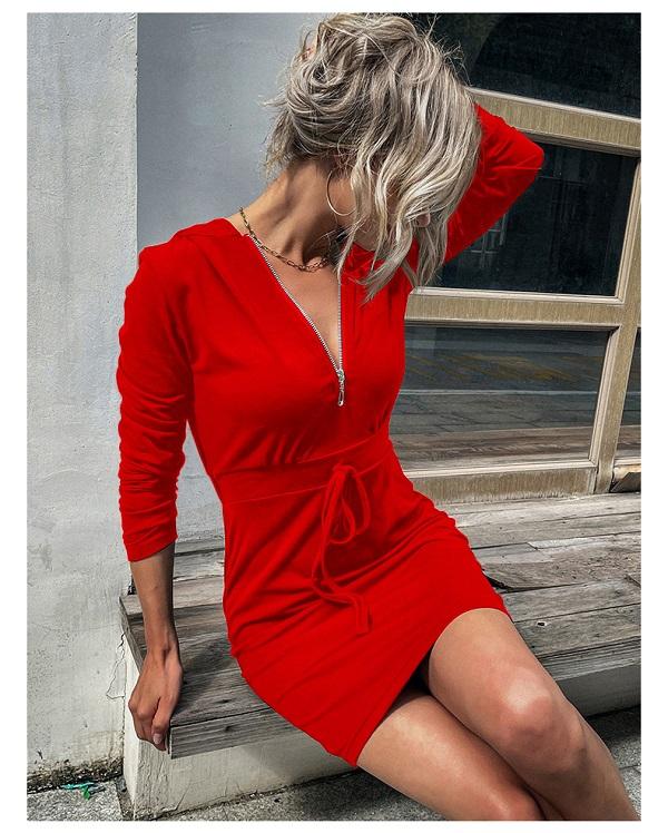 

Женское модное осенне-зимнее платье-свитер с капюшоном, повседневное однотонное платье с v-образным вырезом, тонкая мини-облегающая юбка, женское платье-карандаш XL красный