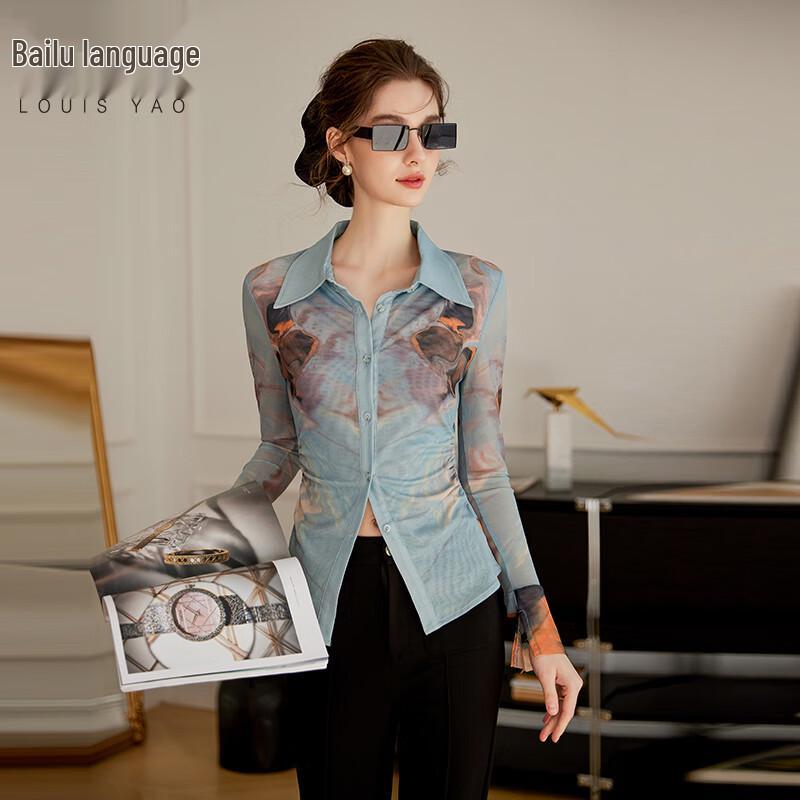 Bailuyu Women s Retro Print Lapel Shirt S