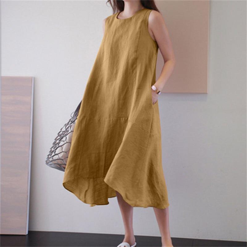 Summer O Neck Dress Sleeveless Plus Size Loose Solid Color Long Style Vest Cotton Linen Dresses Women