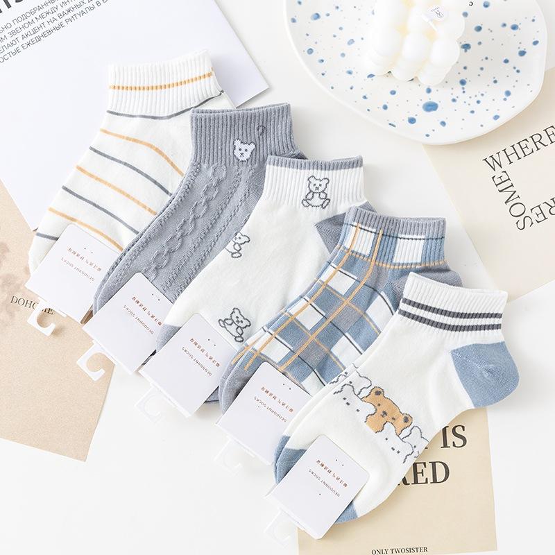 

5 пар хлопковых женских дышащих полосатых носков-лодочек с милым узором, простые ветронепроницаемые носки