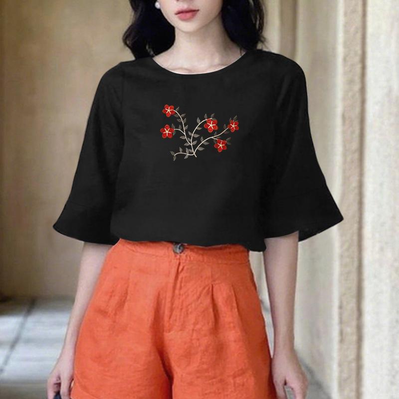 

ZANZEA Women Casual Round Neck Half Sleeve Summer Floral Embroidery Blouse S чорний