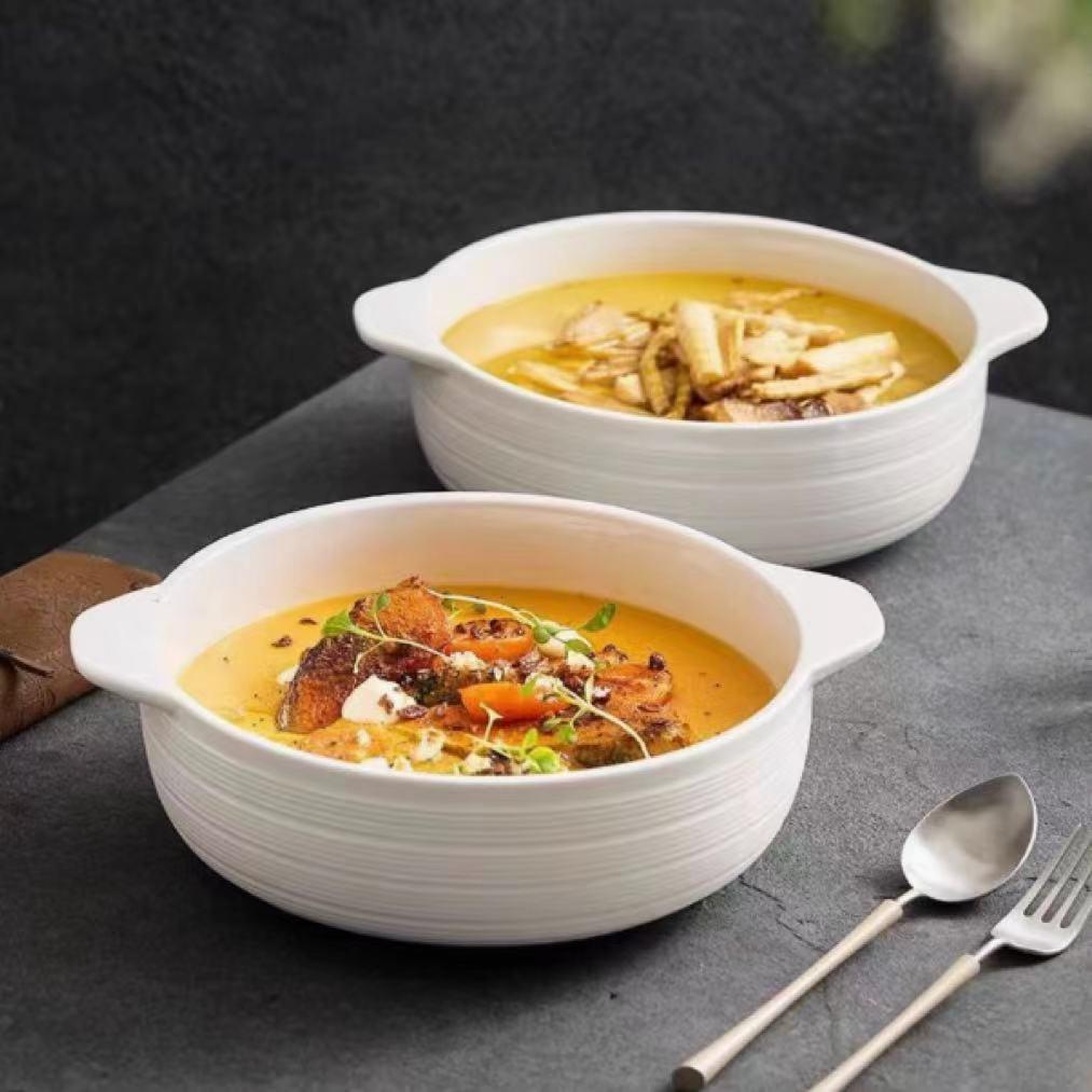 2026 Double-Handle Anti-Scalding Japanese Large Ceramic Soup Bowl for Instant Noodles