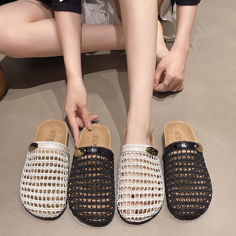 Mesh Soft Bottom Bag Head Slippers Women's Summer Wear New Thick Bottom Casual Half Tray Breathable Hollow Sandals