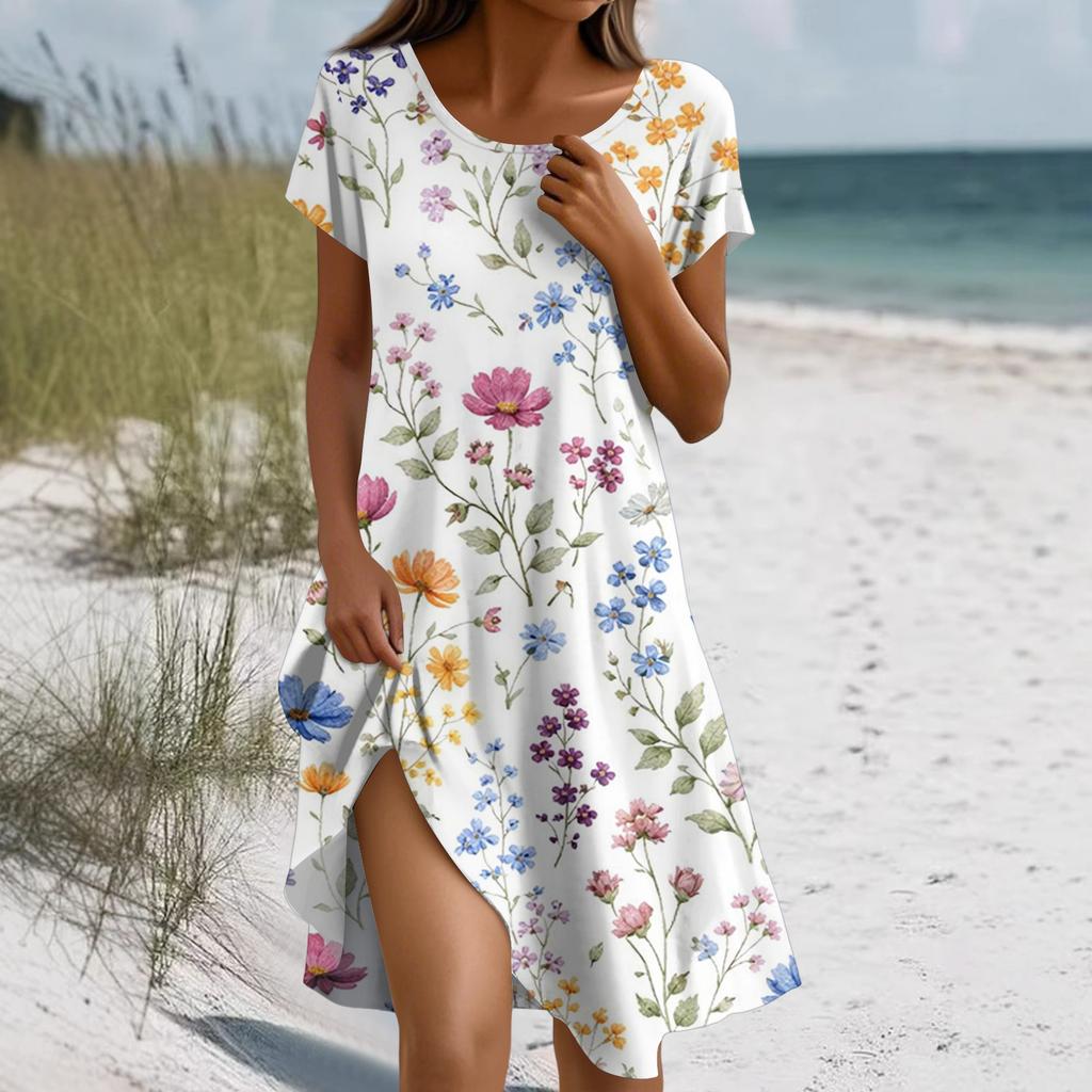 Short Sleeve Boho Dress For Women Casual Loose Fit Summer Sundress Floral Print Dress With Pockets